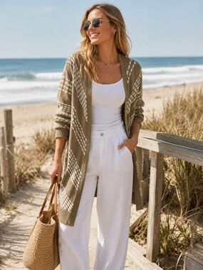 ByDesign - NWT long open cardigan tan with white accents - size M